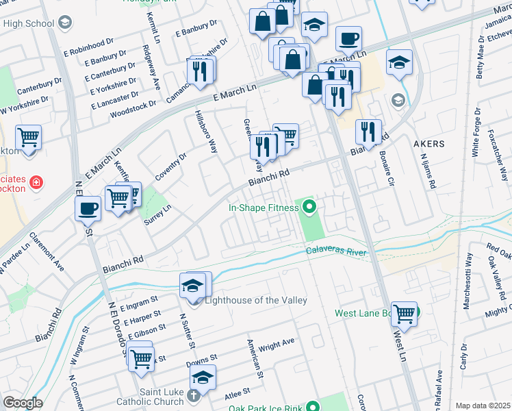 map of restaurants, bars, coffee shops, grocery stores, and more near 4466 Townehome Drive in Stockton