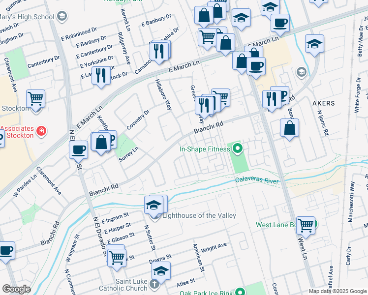 map of restaurants, bars, coffee shops, grocery stores, and more near 4479 La Cresta Way in Stockton