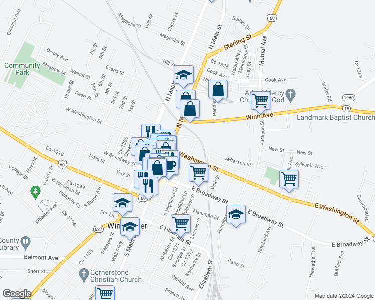 map of restaurants, bars, coffee shops, grocery stores, and more near 109 North Highland Street in Winchester