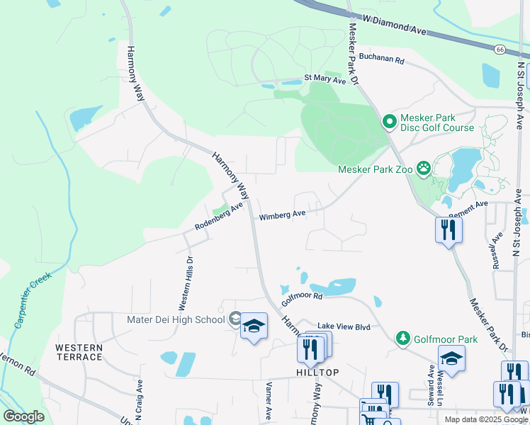 map of restaurants, bars, coffee shops, grocery stores, and more near 3322 Wimberg Avenue in Evansville