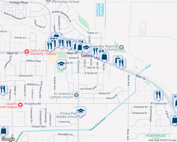 map of restaurants, bars, coffee shops, grocery stores, and more near 220 East Home Street in Oakley