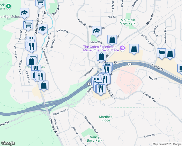 map of restaurants, bars, coffee shops, grocery stores, and more near 10 Douglas Drive in Martinez