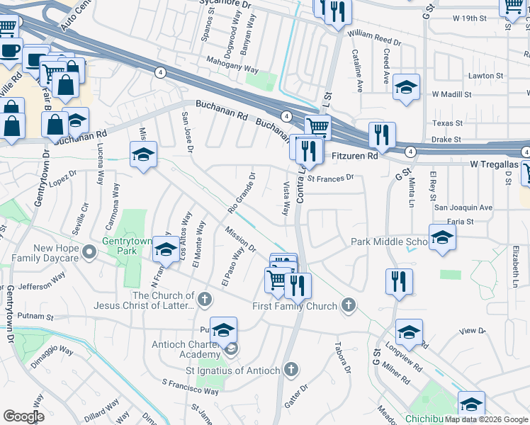 map of restaurants, bars, coffee shops, grocery stores, and more near 1132 San Jose Drive in Antioch