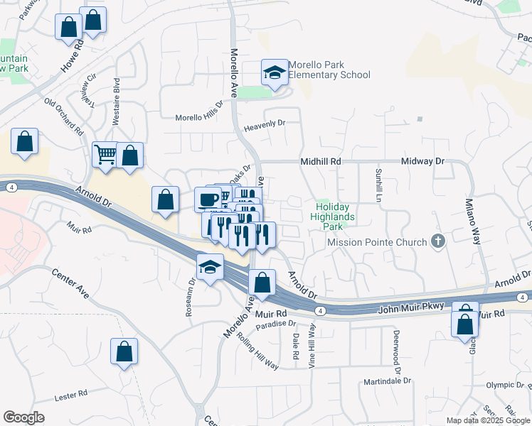map of restaurants, bars, coffee shops, grocery stores, and more near 20 Ashford Place in Martinez