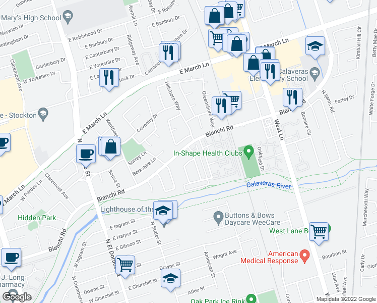 map of restaurants, bars, coffee shops, grocery stores, and more near 440 East Bianchi Road in Stockton