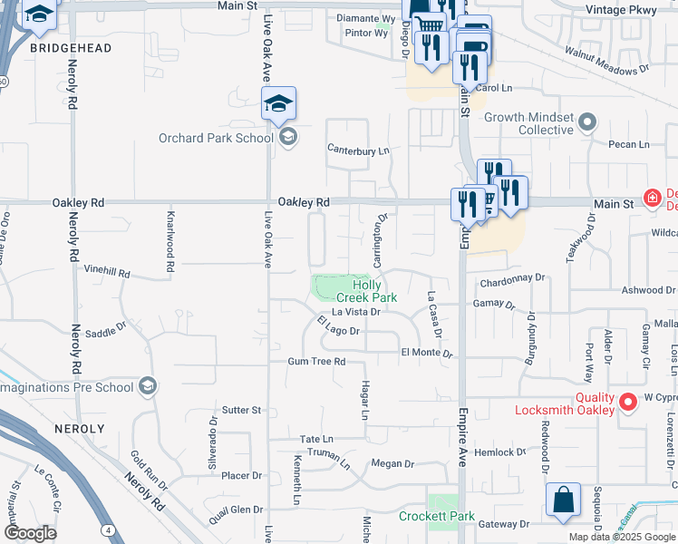 map of restaurants, bars, coffee shops, grocery stores, and more near 4901 Beldin Lane in Oakley