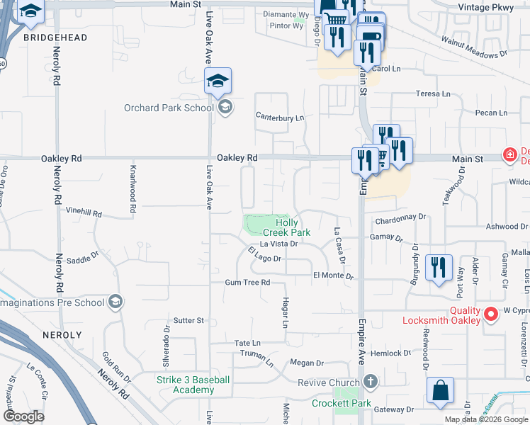 map of restaurants, bars, coffee shops, grocery stores, and more near 4901 Beldin Lane in Oakley