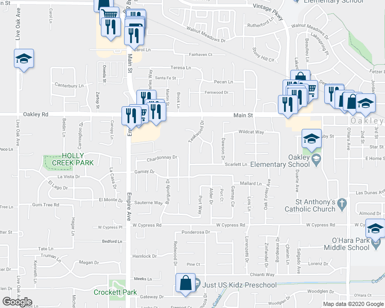 map of restaurants, bars, coffee shops, grocery stores, and more near 4860 Teakwood Drive in Oakley