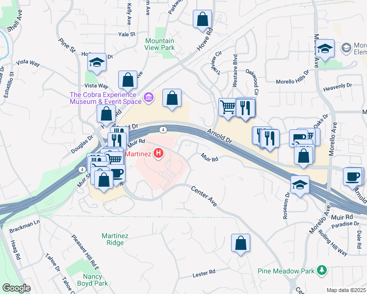 map of restaurants, bars, coffee shops, grocery stores, and more near 116 Arana Drive in Martinez