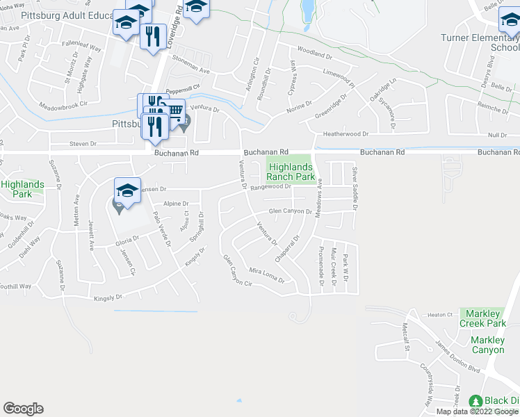 map of restaurants, bars, coffee shops, grocery stores, and more near 2103 Glen Canyon Drive in Pittsburg