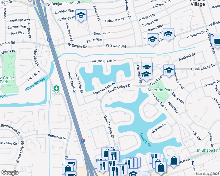 map of restaurants, bars, coffee shops, grocery stores, and more near 2424 Meadow Lake Drive in Stockton