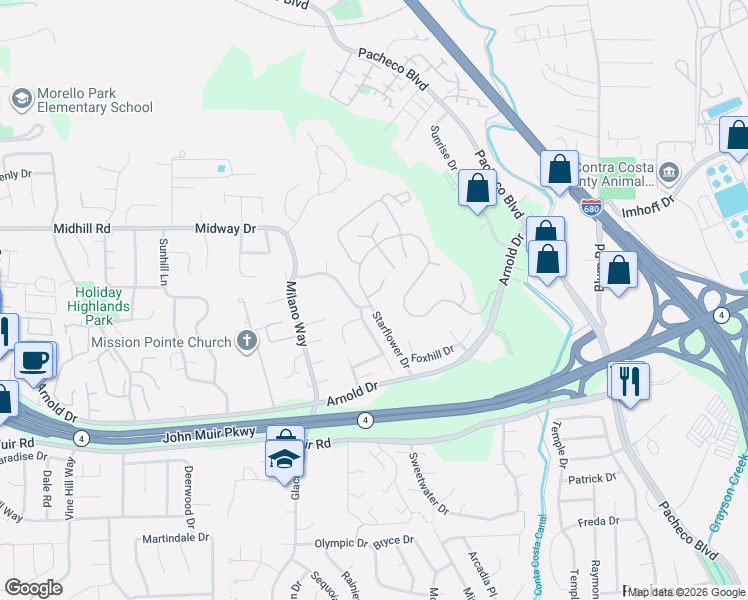 map of restaurants, bars, coffee shops, grocery stores, and more near 4858 Starflower Drive in Martinez