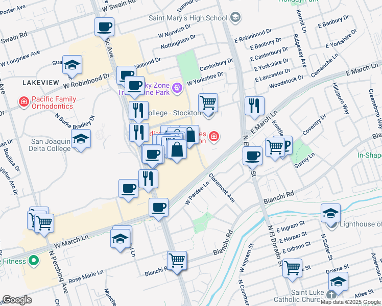 map of restaurants, bars, coffee shops, grocery stores, and more near 4950 Pacific Avenue in Stockton