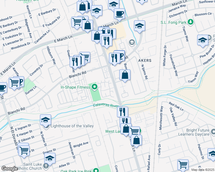 map of restaurants, bars, coffee shops, grocery stores, and more near 9940 Woodvale Drive in Stockton