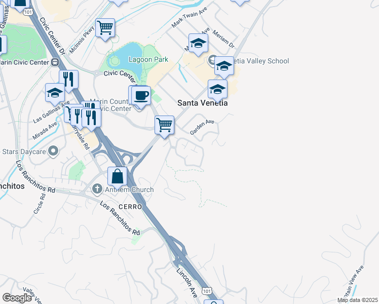 map of restaurants, bars, coffee shops, grocery stores, and more near 19 Woodstock Court in San Rafael