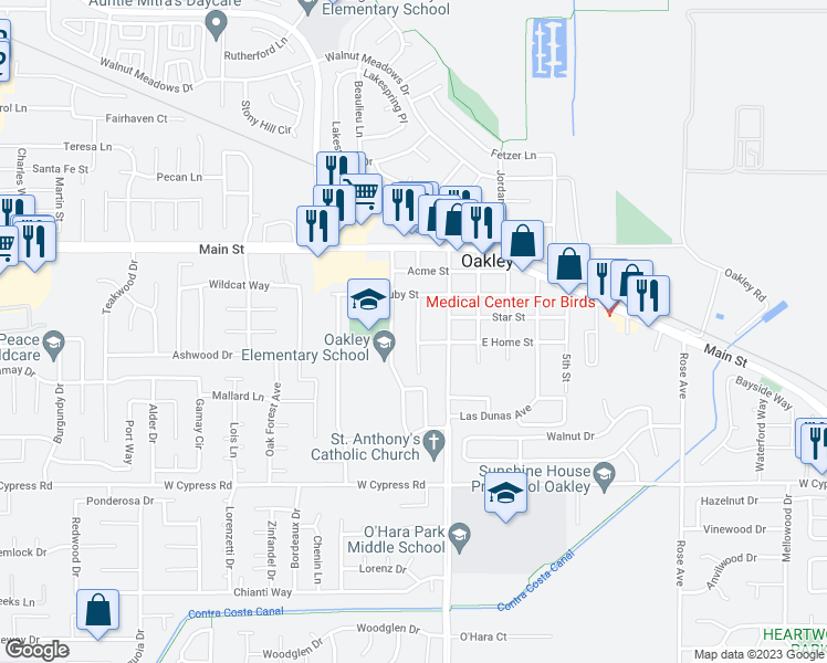 map of restaurants, bars, coffee shops, grocery stores, and more near 419 Landis Avenue in Oakley