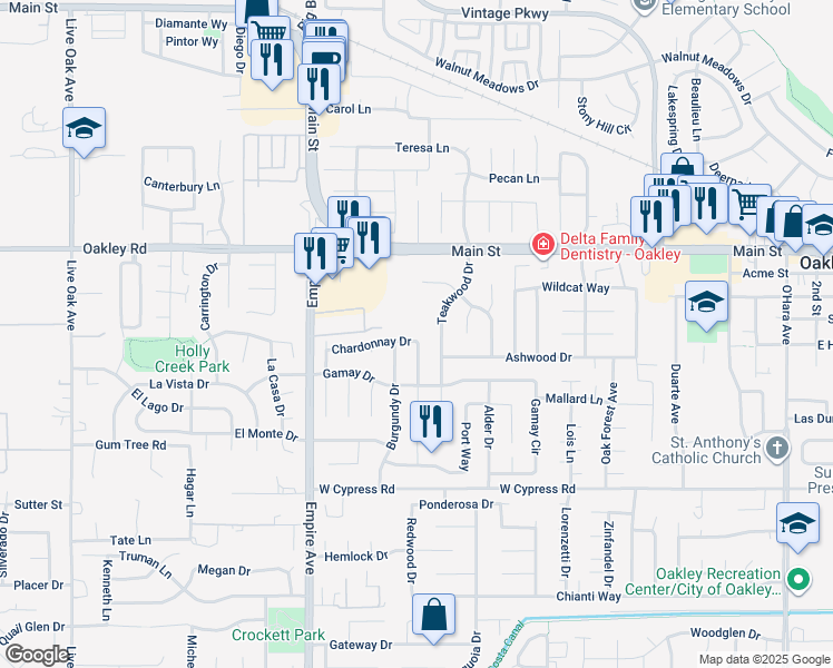 map of restaurants, bars, coffee shops, grocery stores, and more near 1968 Chardonnay Drive in Oakley