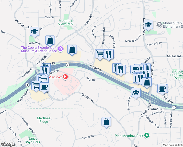 map of restaurants, bars, coffee shops, grocery stores, and more near 235 Arana Drive in Martinez