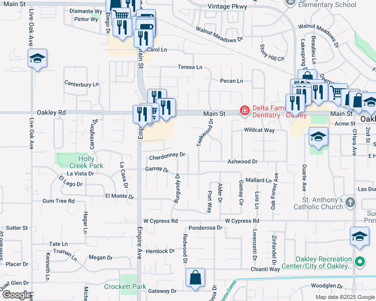 map of restaurants, bars, coffee shops, grocery stores, and more near 1968 Chardonnay Drive in Oakley