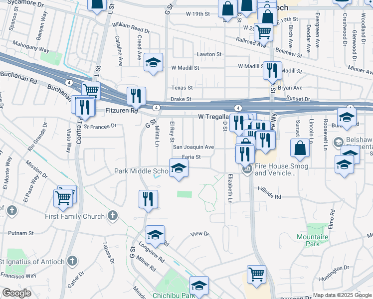 map of restaurants, bars, coffee shops, grocery stores, and more near 513 San Joaquin Avenue in Antioch