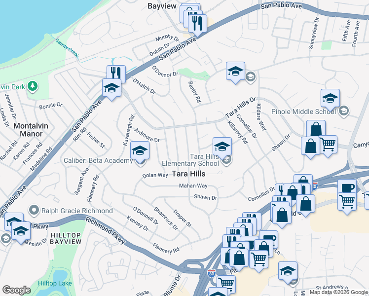 map of restaurants, bars, coffee shops, grocery stores, and more near 2713 Flannery Road in San Pablo