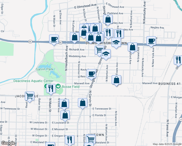 map of restaurants, bars, coffee shops, grocery stores, and more near 1900 Stringtown Road in Evansville