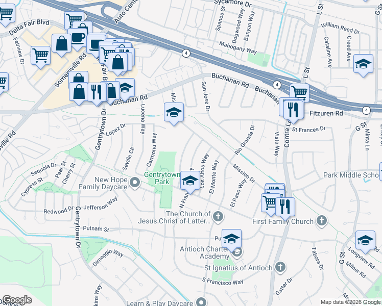 map of restaurants, bars, coffee shops, grocery stores, and more near 2924 North Francisco Way in Antioch