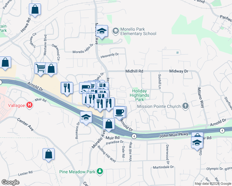 map of restaurants, bars, coffee shops, grocery stores, and more near 1072 Maywood Lane in Martinez