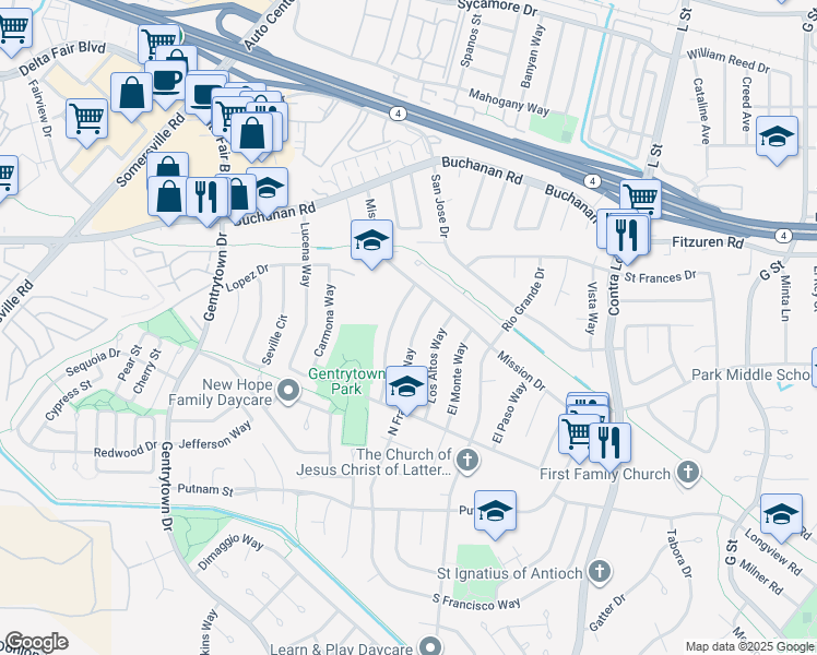 map of restaurants, bars, coffee shops, grocery stores, and more near 2924 North Francisco Way in Antioch