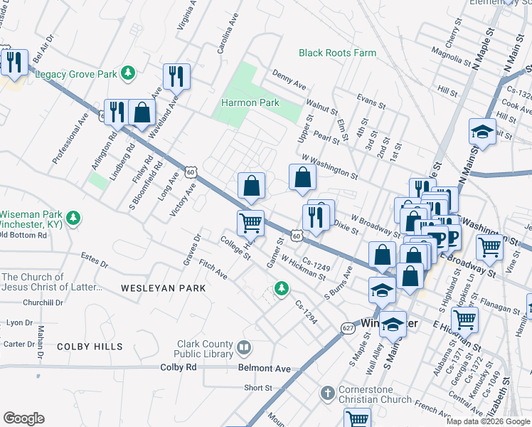 map of restaurants, bars, coffee shops, grocery stores, and more near 502 West Lexington Avenue in Winchester