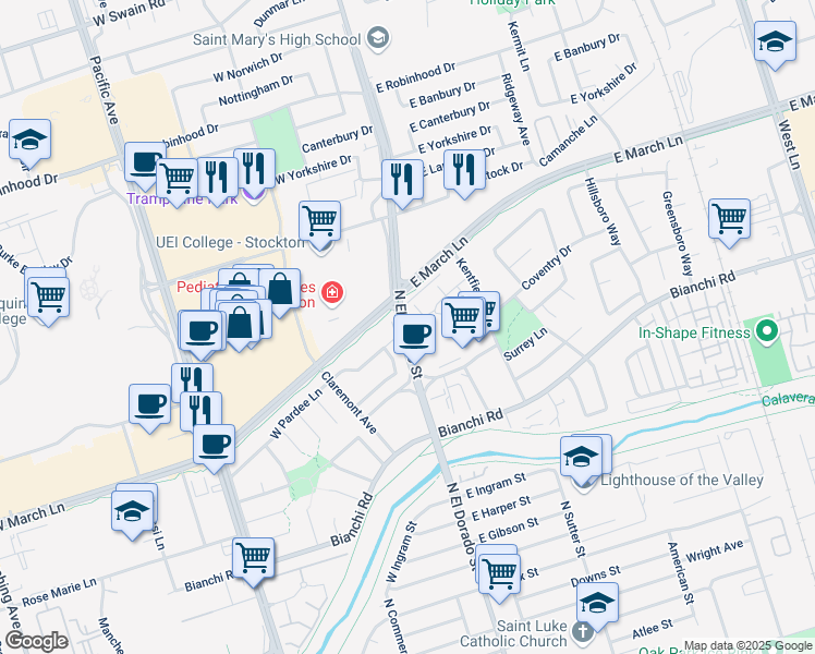 map of restaurants, bars, coffee shops, grocery stores, and more near 6 North El Dorado Street in Stockton