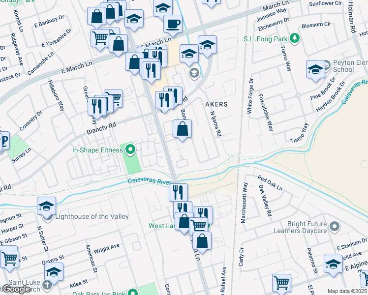 map of restaurants, bars, coffee shops, grocery stores, and more near 1544 Emily Court in Stockton