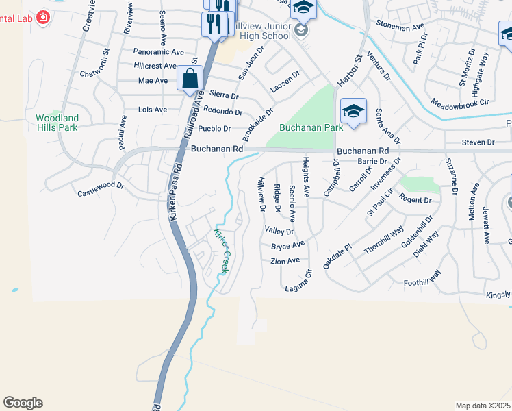 map of restaurants, bars, coffee shops, grocery stores, and more near 4297 Hillview Drive in Pittsburg