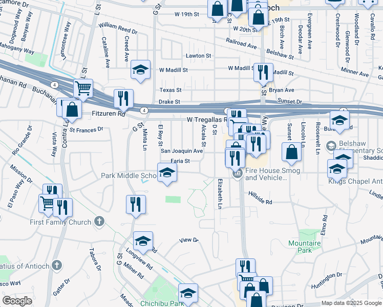 map of restaurants, bars, coffee shops, grocery stores, and more near 401 San Joaquin Avenue in Antioch