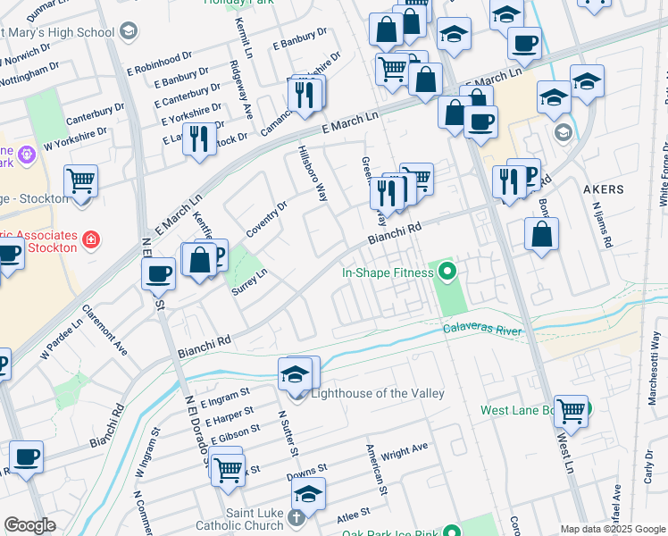 map of restaurants, bars, coffee shops, grocery stores, and more near 4479 La Cresta Way in Stockton
