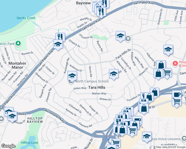 map of restaurants, bars, coffee shops, grocery stores, and more near 2717 Kevin Road in San Pablo