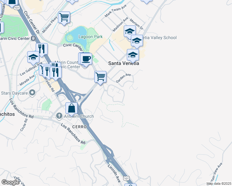 map of restaurants, bars, coffee shops, grocery stores, and more near 19 Woodstock Court in San Rafael