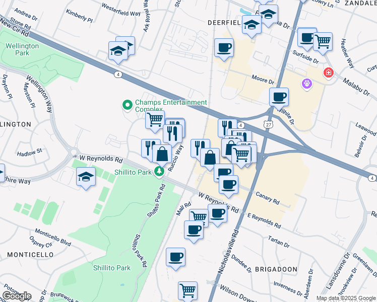 map of restaurants, bars, coffee shops, grocery stores, and more near 225 Ruccio Way in Lexington