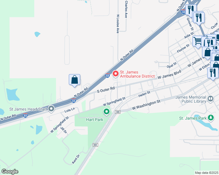 map of restaurants, bars, coffee shops, grocery stores, and more near 1110 West James Boulevard in Saint James