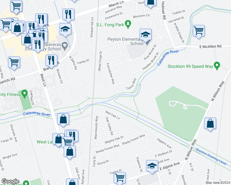 map of restaurants, bars, coffee shops, grocery stores, and more near 2158 Ballew Drive in Stockton