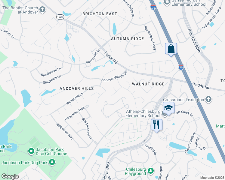 map of restaurants, bars, coffee shops, grocery stores, and more near 717 Maple Ridge Lane in Lexington