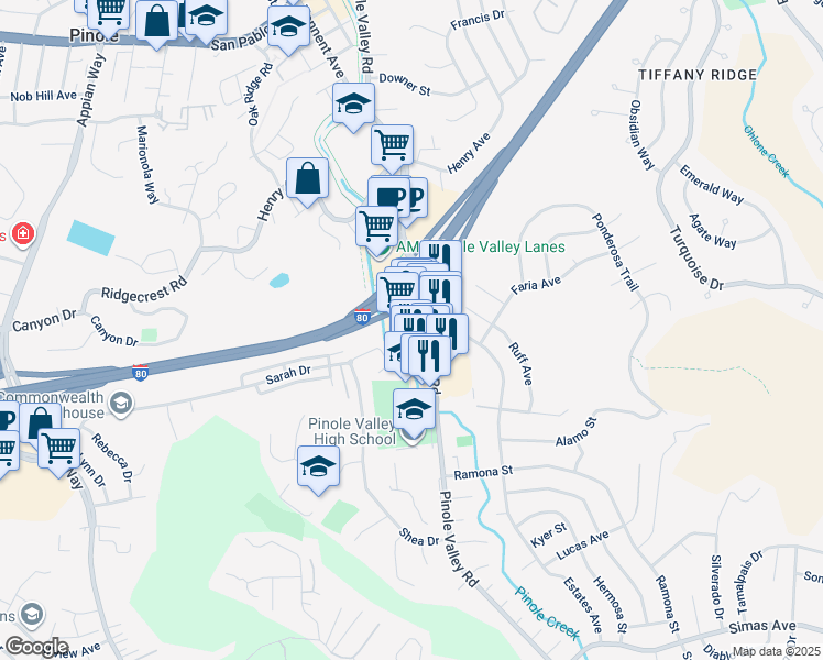 map of restaurants, bars, coffee shops, grocery stores, and more near 2820 Pinole Valley Rd in Pinole