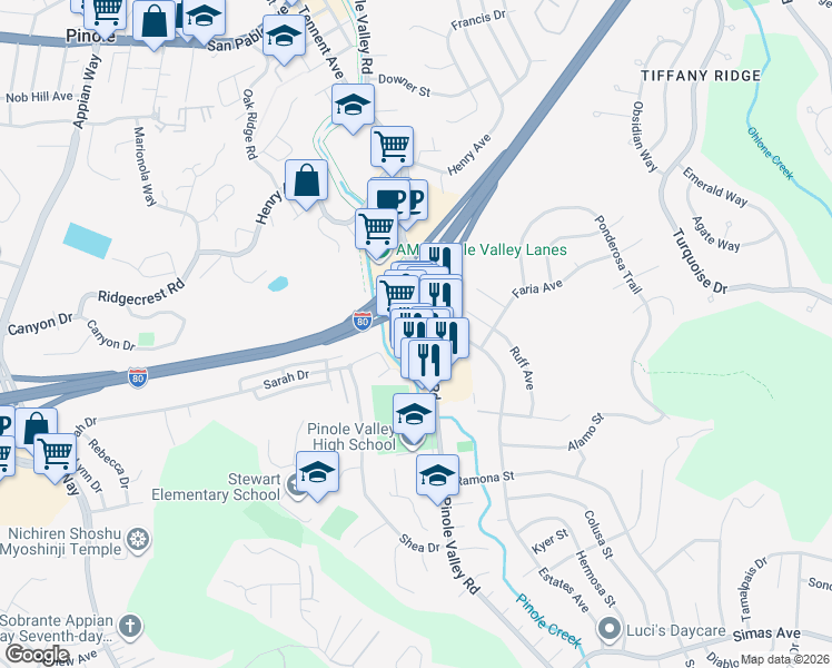 map of restaurants, bars, coffee shops, grocery stores, and more near 2720 Pinole Valley Road in Pinole