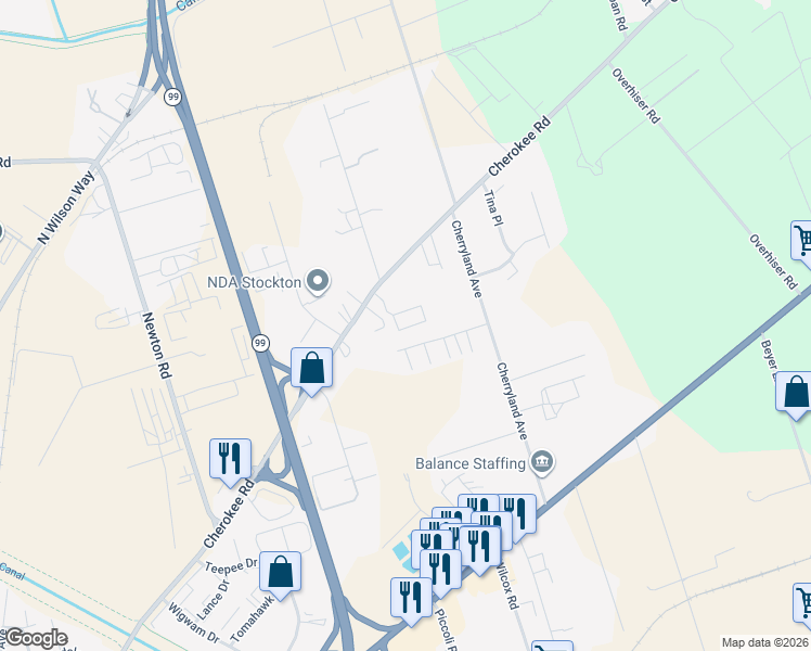 map of restaurants, bars, coffee shops, grocery stores, and more near 4350 Cherokee Road in Stockton