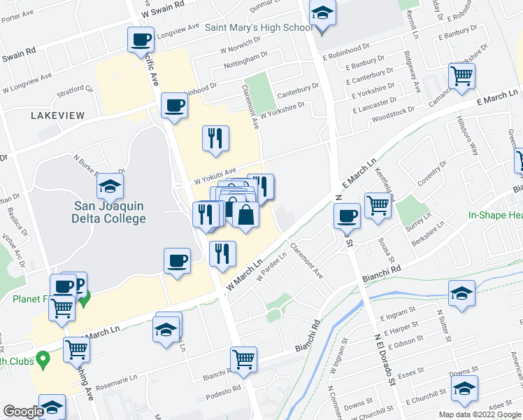 map of restaurants, bars, coffee shops, grocery stores, and more near 4915 Claremont Avenue in Stockton