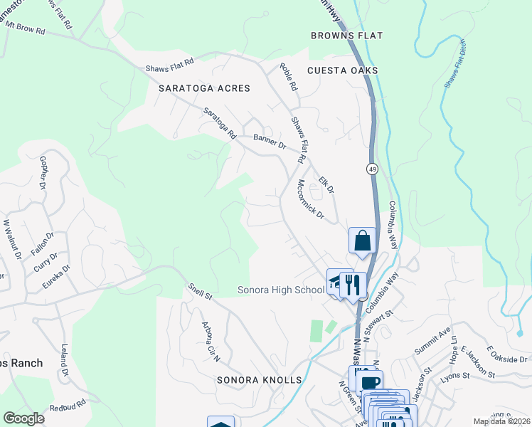 map of restaurants, bars, coffee shops, grocery stores, and more near 830 Shaws Flat Road in Sonora