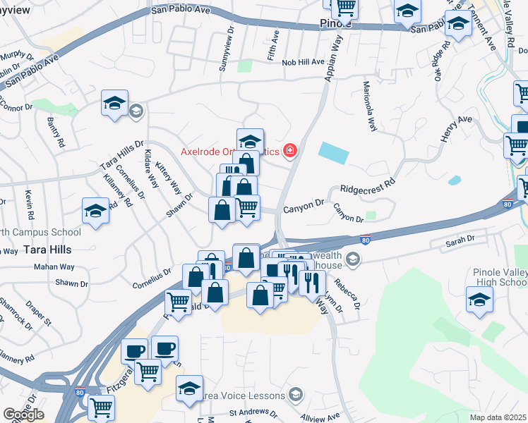 map of restaurants, bars, coffee shops, grocery stores, and more near 1565 Tara Hills Drive in Pinole
