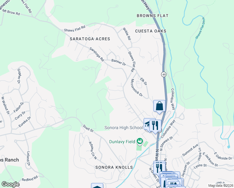 map of restaurants, bars, coffee shops, grocery stores, and more near 830 Shaws Flat Rd in Sonora