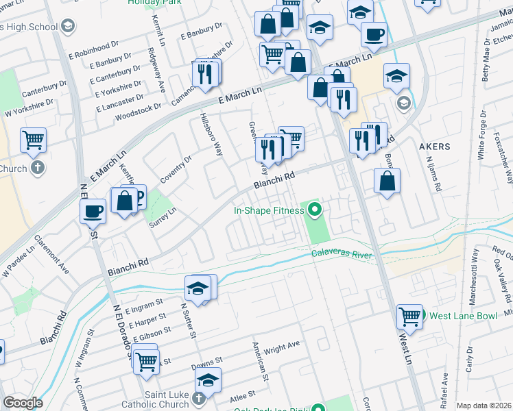 map of restaurants, bars, coffee shops, grocery stores, and more near 4460 Townehome Drive in Stockton
