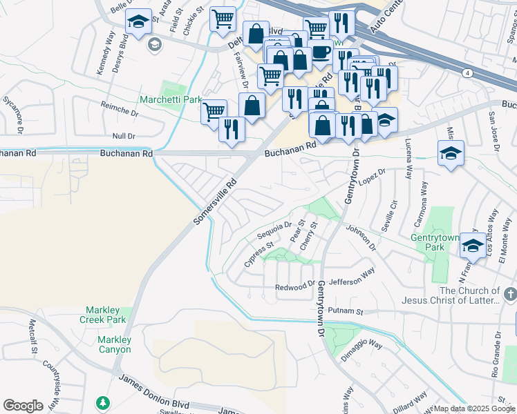 map of restaurants, bars, coffee shops, grocery stores, and more near 91 Diana Way in Antioch